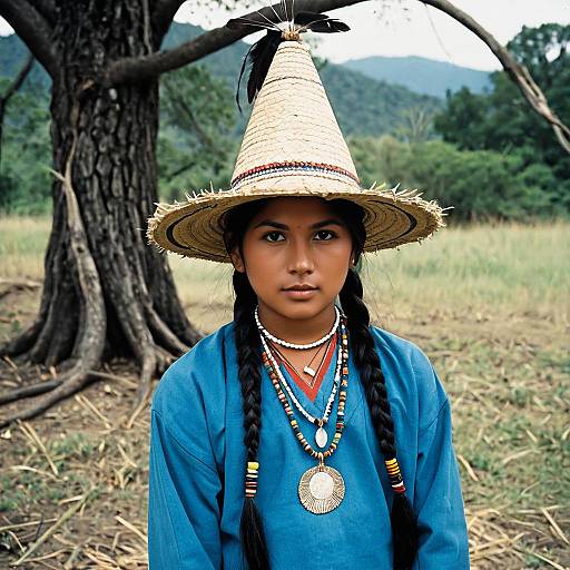 Young Woman in Traditional Straw Hat and Beaded Jewelry