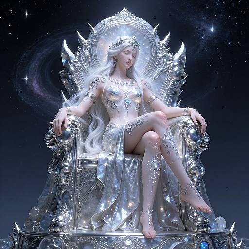 Digital artwork of a ethereal, silver-haired queen with glowing skin, seated on a radiant, spiked throne, in a starry cosmos background. She