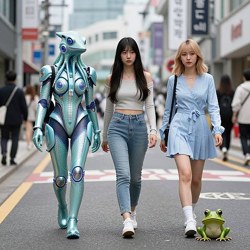 Photograph of two women walking on a city street with a metallic blue robot and a small green frog by their side.