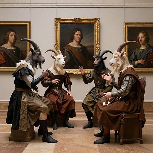 Photograph: Four anthropomorphic goats in medieval attire, seated in a museum gallery, gesturing and conversing in front of classical portraits.