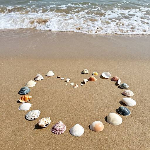 Photograph of a heart-shaped arrangement of seashells on sandy beach, with gentle ocean waves in the background.