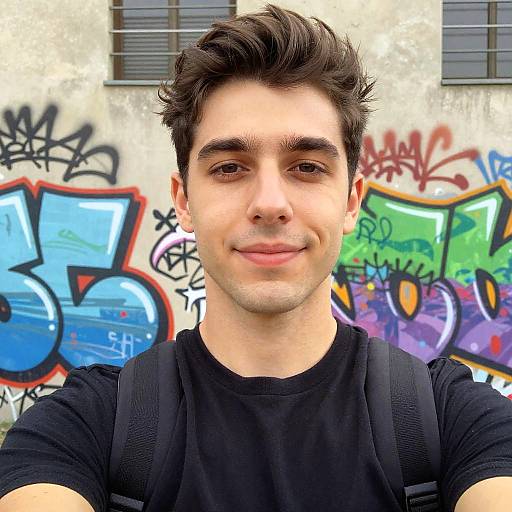 Photograph of a young man with dark hair, light skin, wearing a black t-shirt and backpack, smiling against a colorful graffiti wall.