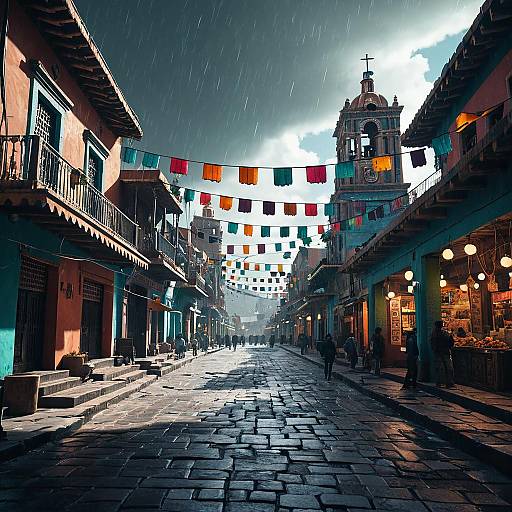 Futuristic Mexican Town Street in Stormy Weather