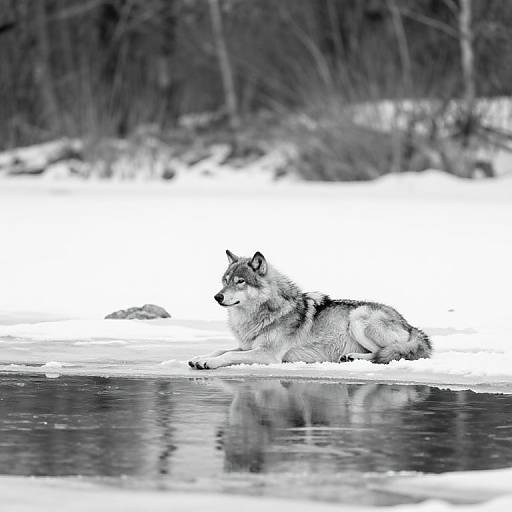 Black-and-white photograph of a wolf lying on a frozen lake, reflection visible in the ice, forested background blurred.