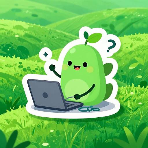 Cute digital illustration of a green, cartoon plant creature with a leaf on its head, typing on a laptop in a lush, green field.