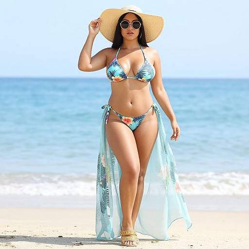 Photograph of a curvy, tan-skinned woman in a blue floral bikini, straw hat, and sheer sarong, walking on a sunny beach