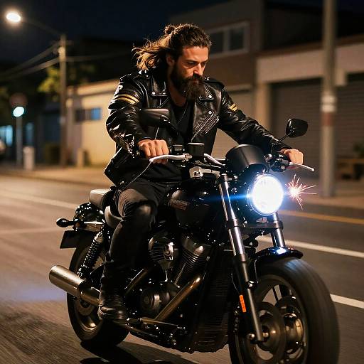 Photograph of a bearded man with long hair riding a black motorcycle at night, headlight on, wearing a shiny black leather jacket, street lights
