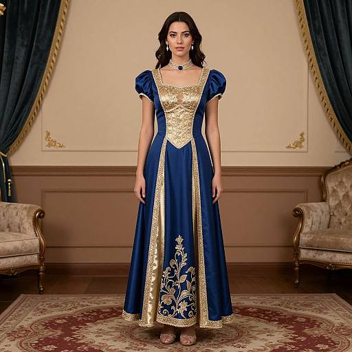 Photograph of a woman in an ornate royal blue and gold medieval-style dress with floral embroidery, standing in an elegant, vintage room with dark curtains