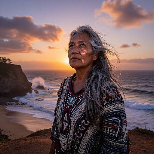 Photograph of an elderly Native American woman with long gray hair, wearing a patterned blanket, standing on a beach at sunset, waves crashing in the