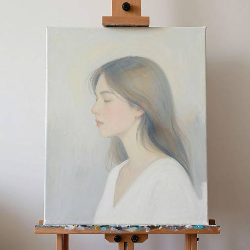 Photorealistic painting of a serene young woman with long brown hair, closed eyes, and fair skin, wearing a white top, on an easel