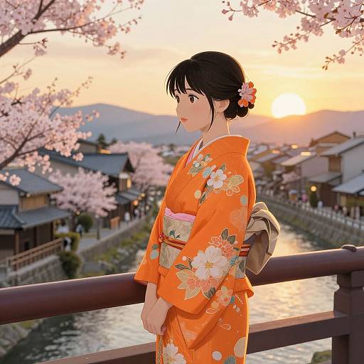 Young Woman in Kimono at Sunset
