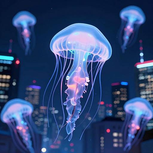 Photograph of glowing blue jellyfish with translucent, flowing tentacles, floating against a dark, neon-lit cityscape background with blurred skyscrapers