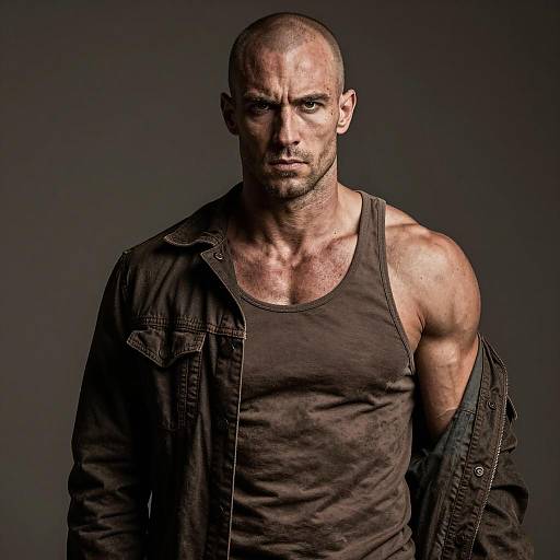 Muscular Man with Shaved Head and Intense Expression