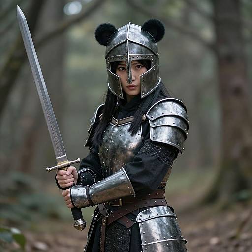 Photorealistic CGI of a young woman in medieval armor with black bear ears helmet, holding a sword in a forest.