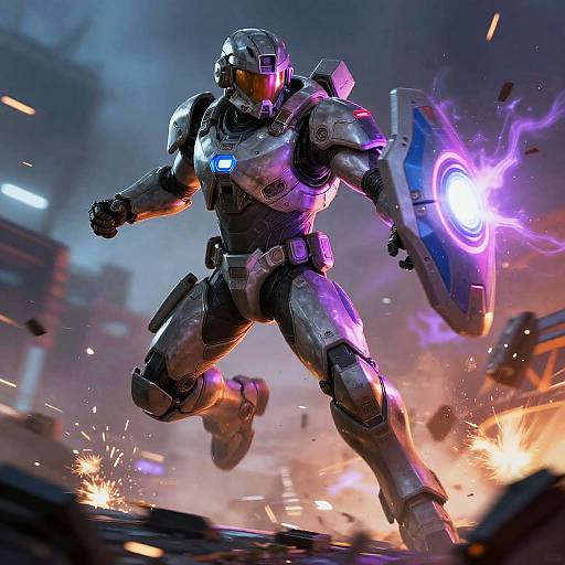 CGI image of a futuristic, armored warrior with glowing blue chest emblem and purple-lit shield, mid-leap in a fiery, urban battlefield.