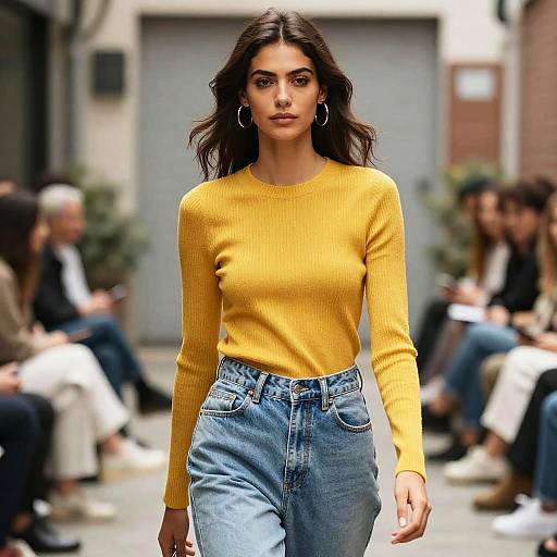 Photograph of a confident brunette woman in a yellow ribbed sweater and high-waisted blue jeans, walking down a city street runway with blurred spectators
