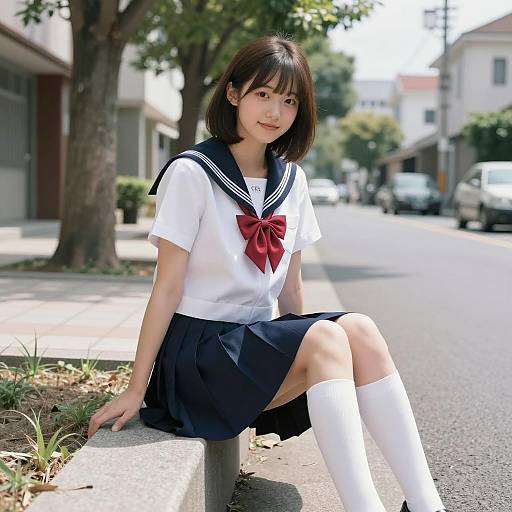 Cheerful Japanese Schoolgirl on Ledge