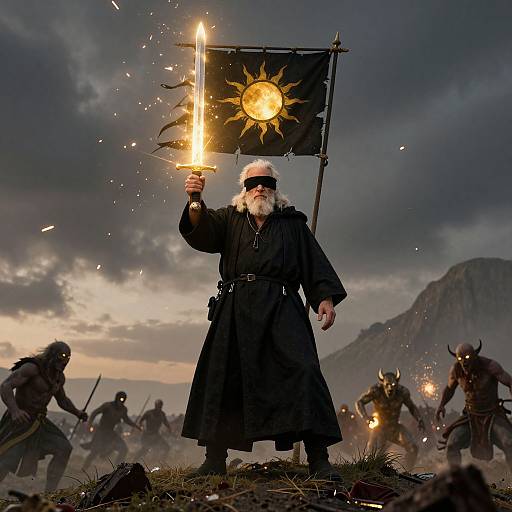 Photograph of a bearded, white-haired wizard in black robe holding torch and flag with sun emblem, standing on grassy hill amidst dark, storm
