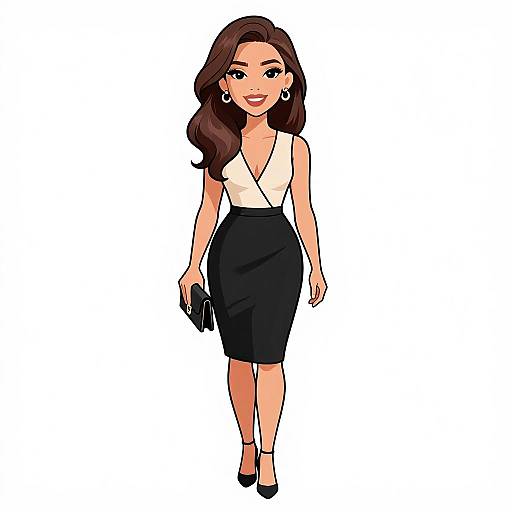 Digital illustration of a smiling woman with long brown hair, wearing a white sleeveless top, black pencil skirt, black heels, and holding a black clutch