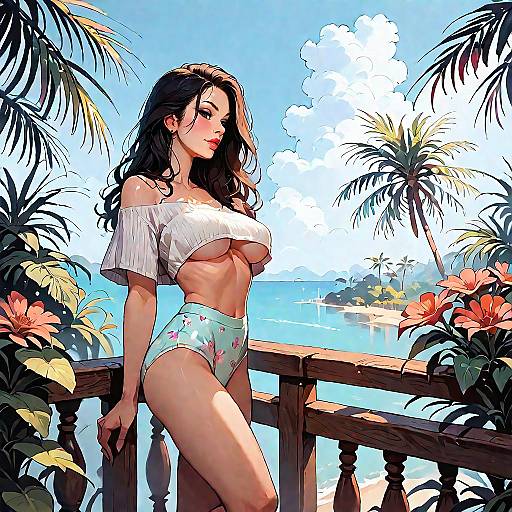 Woman in Crop Top and Floral Bikini Bottoms on Tropical Terrace