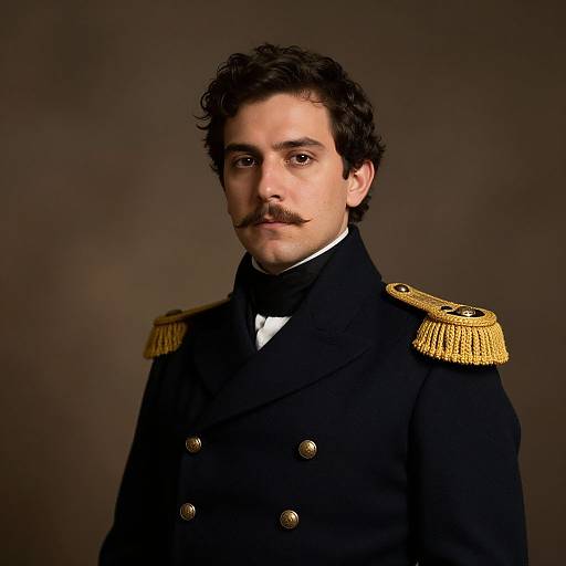 Photograph of a mustached man in a black military uniform with gold epaulettes and buttons, set against a dark brown background.