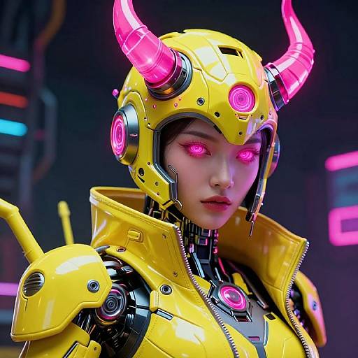 Digital artwork of an Asian woman in futuristic yellow armor with glowing pink horns and eyes, set against a neon-lit background.