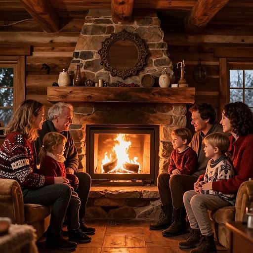 Photograph of a cozy family gathering around a roaring stone fireplace in a rustic log cabin, warmly lit and sharing a moment together.