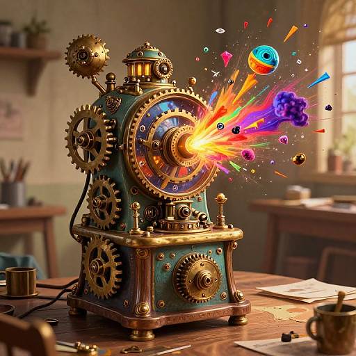 Steampunk-style clockwork machine with glowing gears and colorful explosions on a wooden table in a sunlit, vintage room. Digital art.