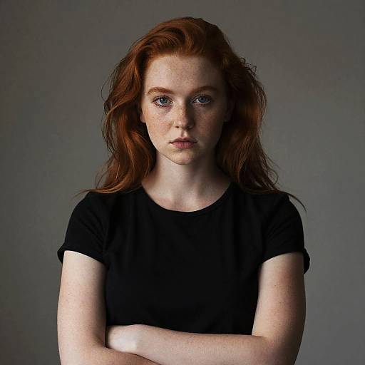 Photograph of a young, fair-skinned woman with long, wavy red hair, blue eyes, and freckles, wearing a black t