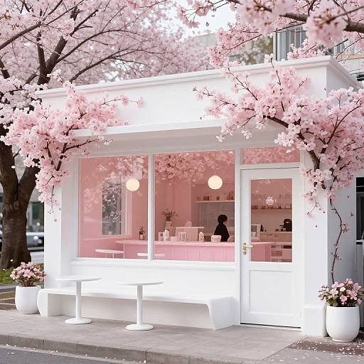 Serene Cherry Blossom Cafe Exterior