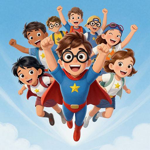 Colorful digital illustration of seven happy children in superhero costumes, including a central boy with glasses and cape, jumping against a bright blue sky background.