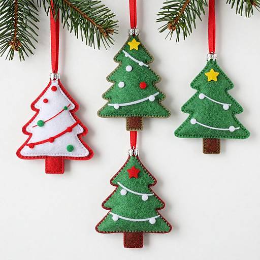 Photograph of four festive, hand-sewn Christmas tree ornaments in green and white, with red and yellow stars, hanging from red ribbons, against
