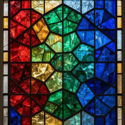 Vibrant stained glass window featuring a geometric pattern with red, green, blue, yellow, and gold fragments, framed by black lead lines.