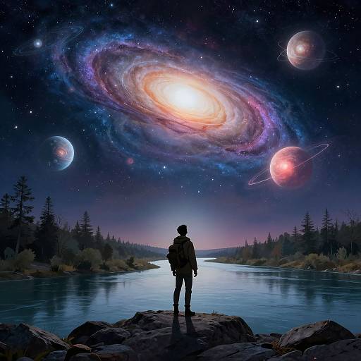 Silhouetted figure stands on rocks, gazing at a luminous galaxy and planets over a serene, starlit forest river at night. Digital