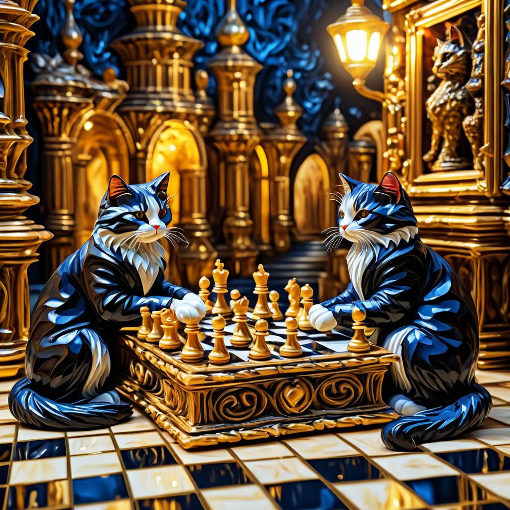 Elegant Cats Chess Game with Impasto Style