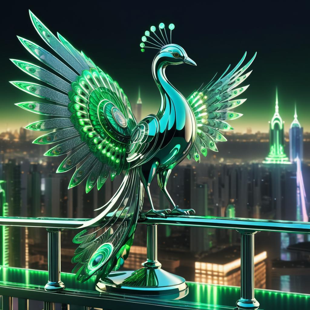 Elegant Mechanical Peacock in Cyberpunk City