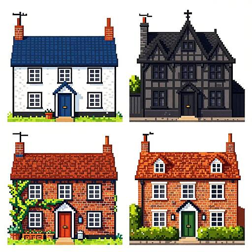 Pixel art of four different houses: white with blue roof, dark gothic, red brick with red roof, red brick with green door. Each distinct