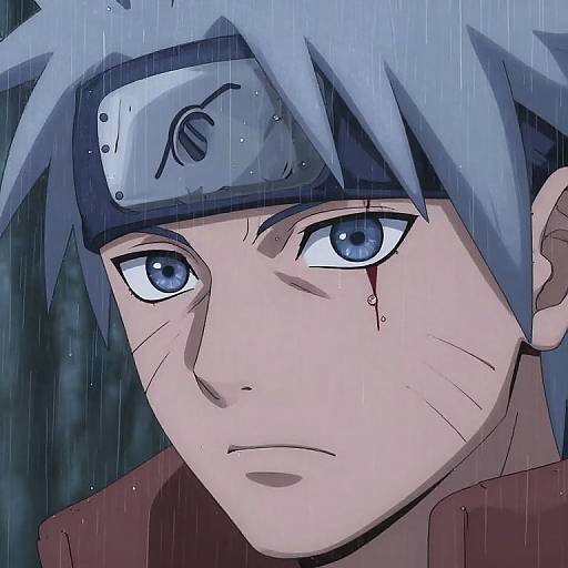 Close-up anime drawing of a rain-soaked Naruto with blue eyes, a tear, and blood on his cheek, wearing a forehead protector.