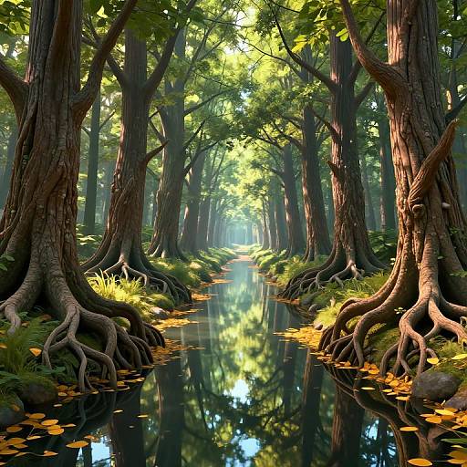 Photorealistic forest scene: narrow, reflective stream lined with large, twisted trees, green foliage, yellow leaves, and sunlight filtering through.