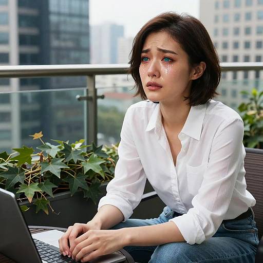 Photograph of a young woman with short brown hair, wearing a white button-up shirt and blue jeans, sitting on a balcony, working on a laptop