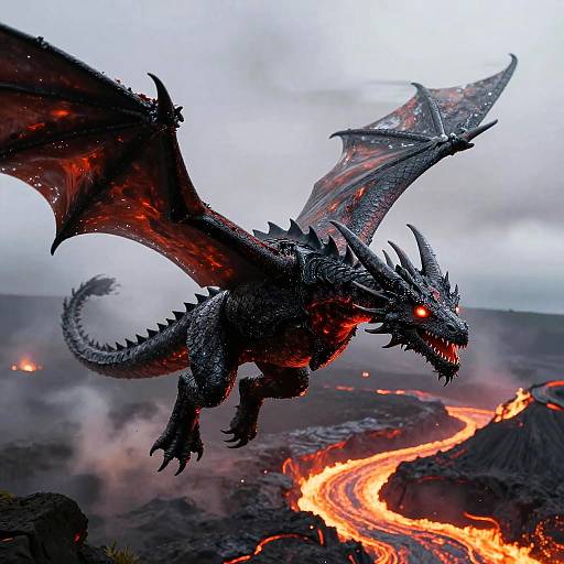 Photorealistic digital artwork of a fierce, black-scaled dragon with glowing red eyes and wings, soaring over a volcanic landscape with glowing lava rivers and