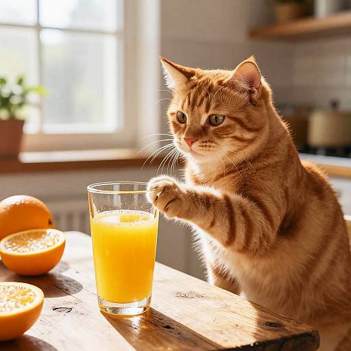 Photograph of an orange tabby kitten with green eyes, pawing a glass of bright orange juice on a sunlit wooden table, with two oranges