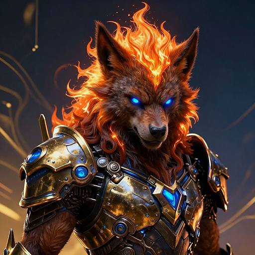 Digital art of a fierce, anthropomorphic wolf with glowing blue eyes, fiery orange mane, and metallic armor adorned with blue gemstones, set against a