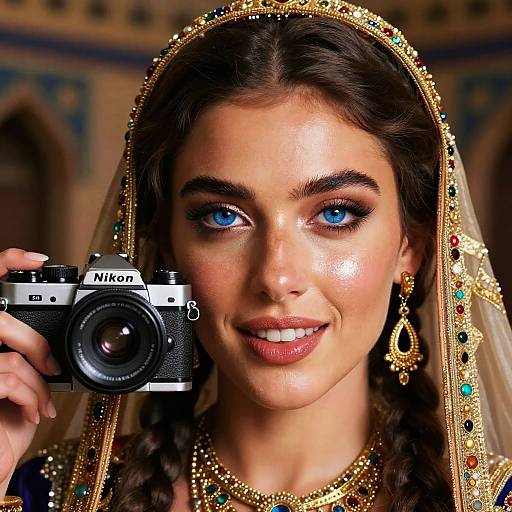 Photograph of a beautiful woman with blue eyes, brown hair in braids, wearing a gold-embellished veil and jewelry, holding a Nikon