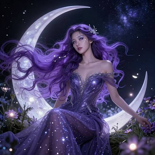 Digital fantasy artwork of a purple-haired woman in a sparkly, off-shoulder gown, sitting under a glowing crescent moon, surrounded by stars