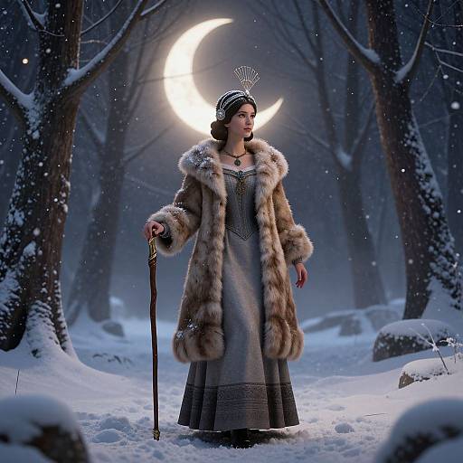 Photograph-style digital art of a Victorian woman in a fur coat and dress, holding a cane, standing under a glowing crescent moon in a snowy