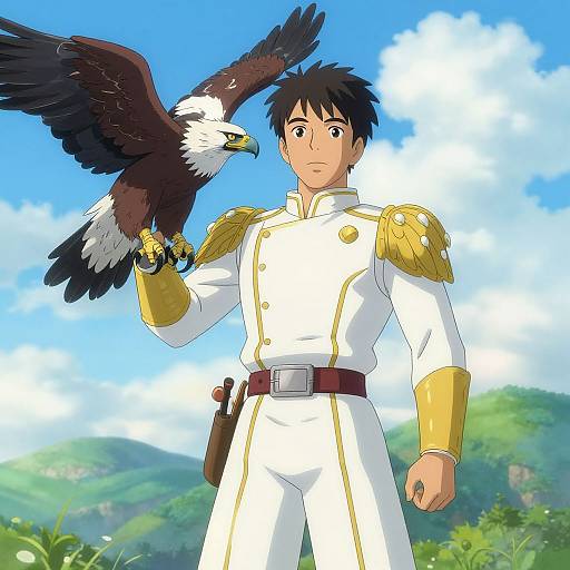 Anime-style illustration of a young man in a white and gold military uniform holding a black and white eagle, standing in a lush, green mountainous landscape
