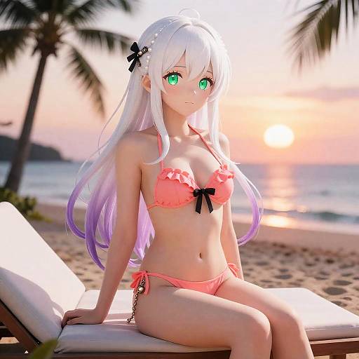 Anime Woman in Coral Bikini on Beach at Sunset