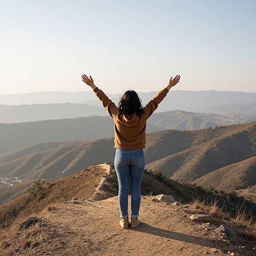 Photograph of a person with dark hair, wearing a brown hoodie and blue jeans, standing with arms raised on a mountain peak, overlooking a vast,