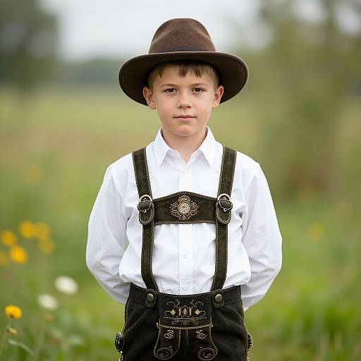 Photograph of a young boy in traditional Bavarian attire: white shirt, black suspenders, brown hat, standing in a green, flower-filled me